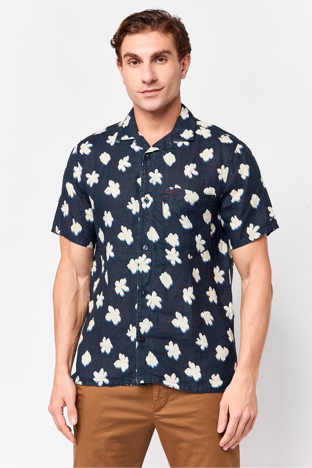 Men Regular Fit Short Sleeve Floral Print Casual Shirt, Navy Blue