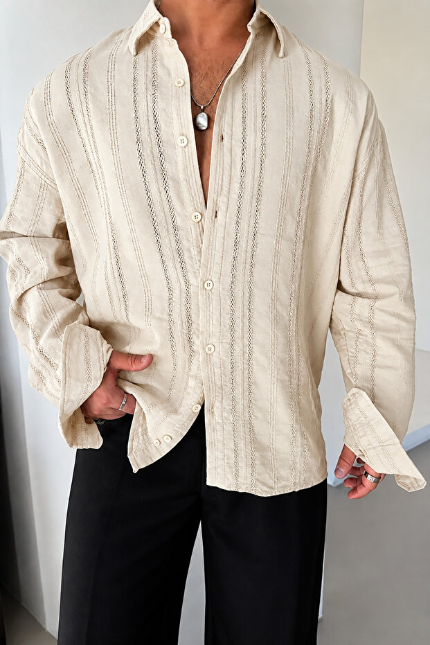 Oversize Men's Beige Linen Shirt