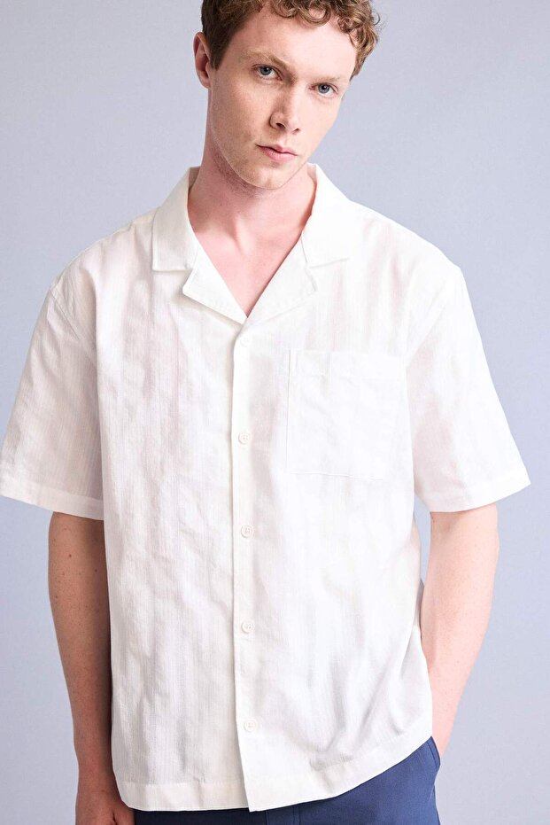 100% Cotton Regular Fit Apaş Collar Striped Short Sleeve Shirt H2592Ax26Sm