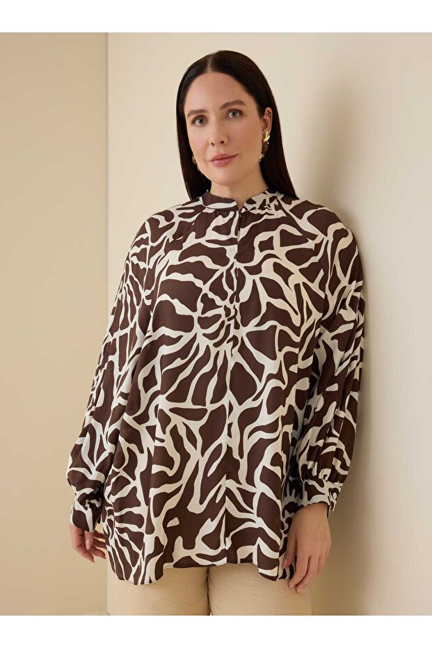 Brown Ecru Patterned Plus Size Tunic - - 7