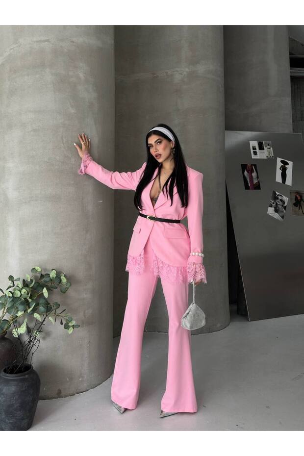 Kadın Dantel Detaylı Blazer Ceket İspanyol Paça Takım Pembe - 6