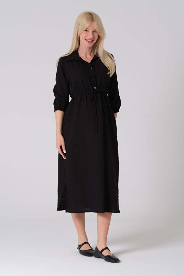 Maternity Elastic Sleeve Shirt Collar Midi Length Linen Dress Black