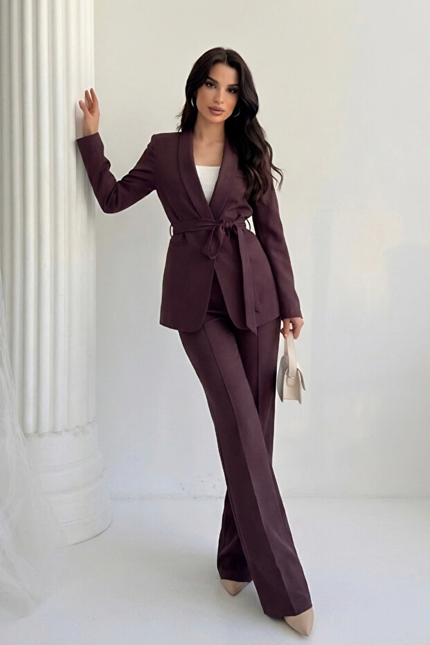 Women's Jacket Pants Set Belted Buttoned Blazer Jacket Wide Leg High Waist Pants Suit