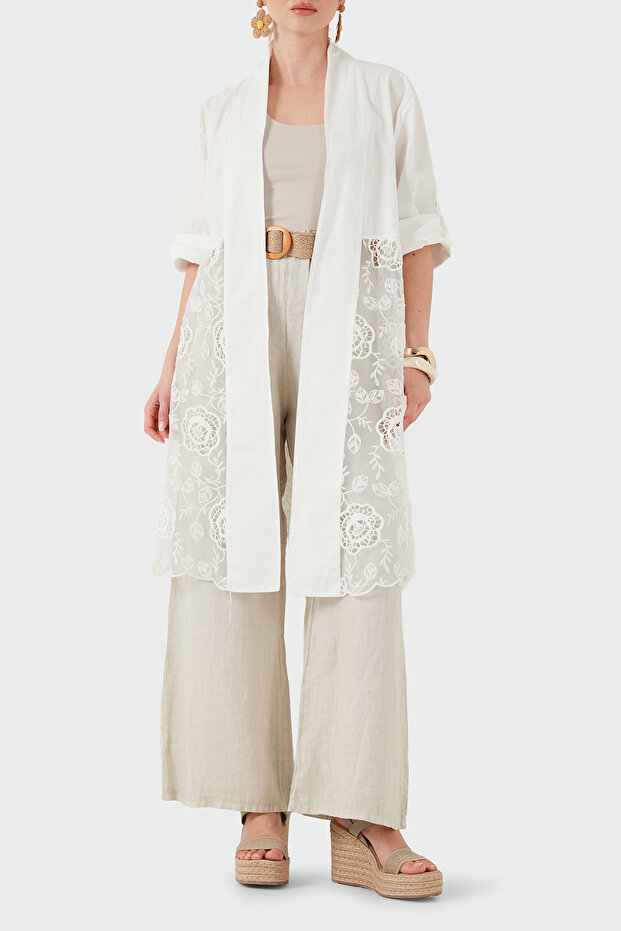 100% Linen Lace Detailed Kimono Jacket Jacket 6909330