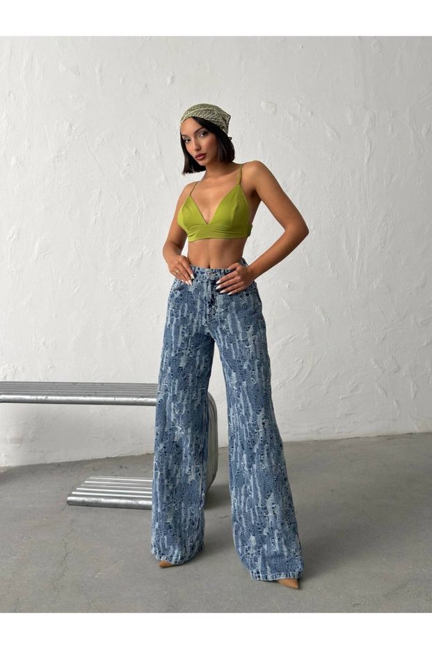 Women's Blue Wide Leg Jeans with Slit Detail Design
