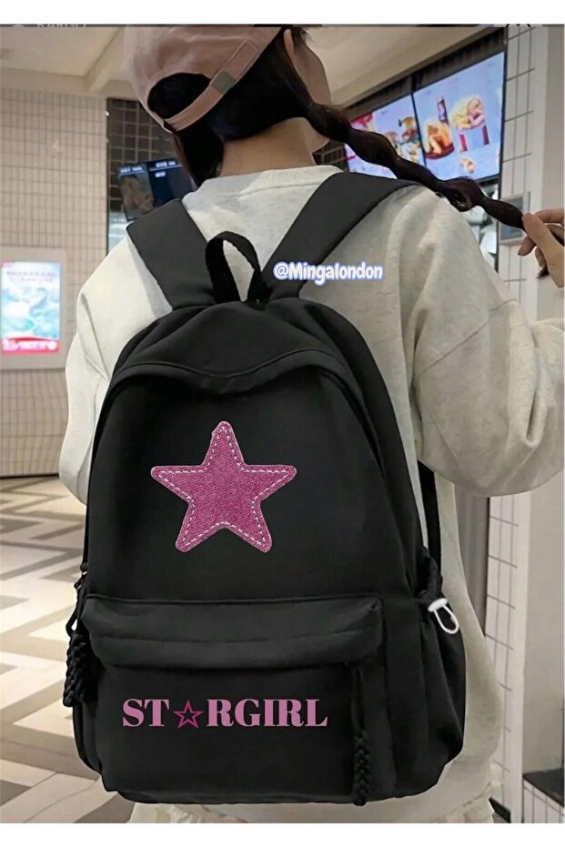 Pink Stargırl Detailed Printed School, Classroom, Course Backpack-Mingalondon