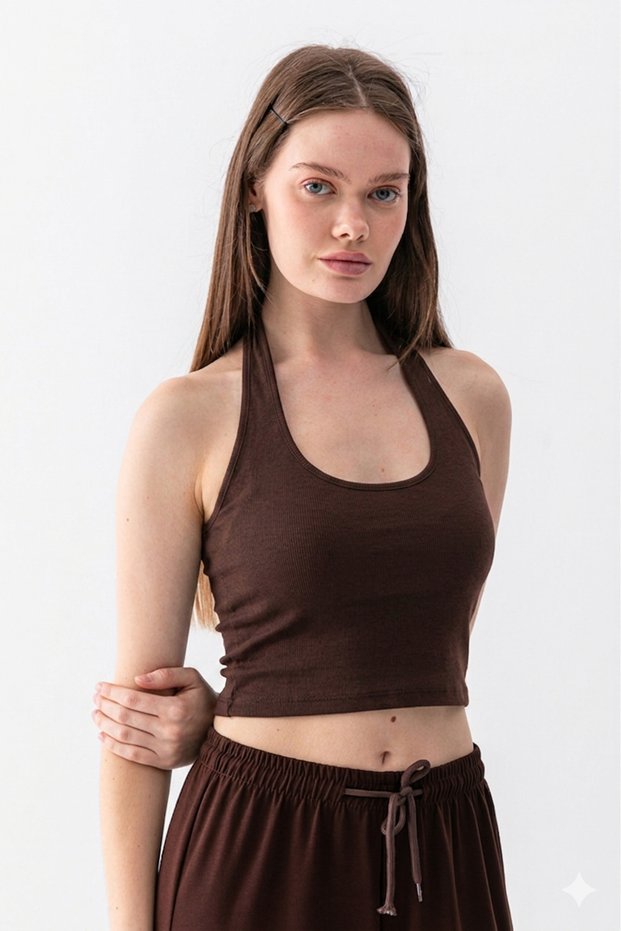 Women's Bitter Brown 100% Cotton Neck-Cross Halter Neck Double Layer Crop Top Body