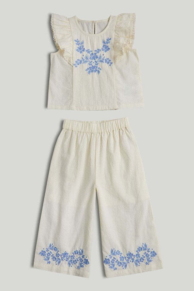 Embroidered Blouse and Trousers Outfit