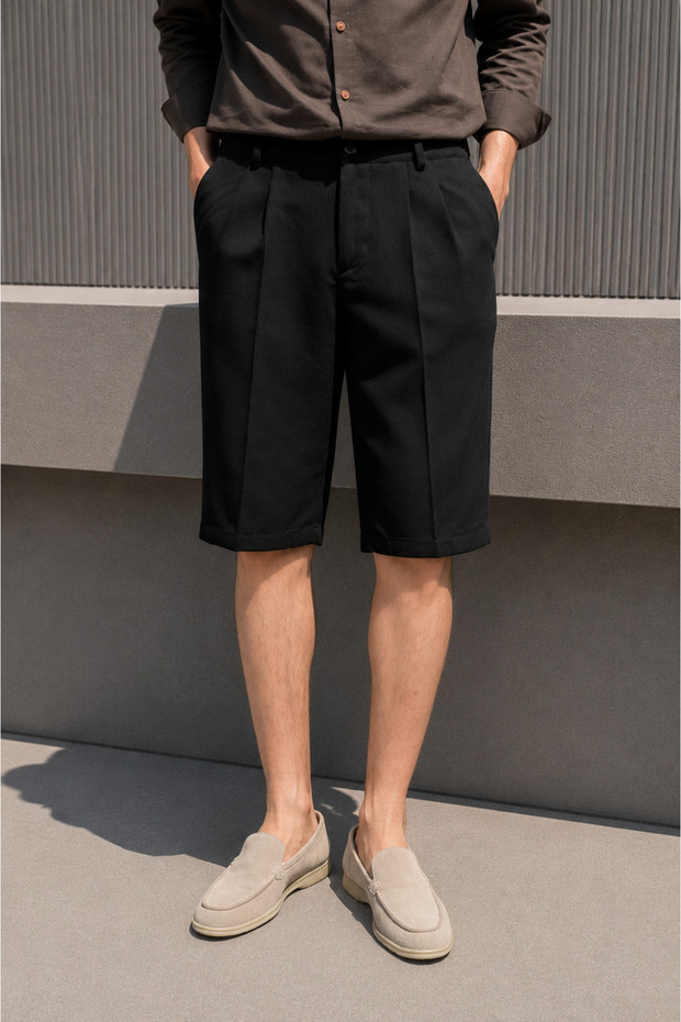 Men'S, Double Pleated, Old Money Culture, Elastic Waist, Regular-Fit, Linen Weave, Cotton Shorts 309