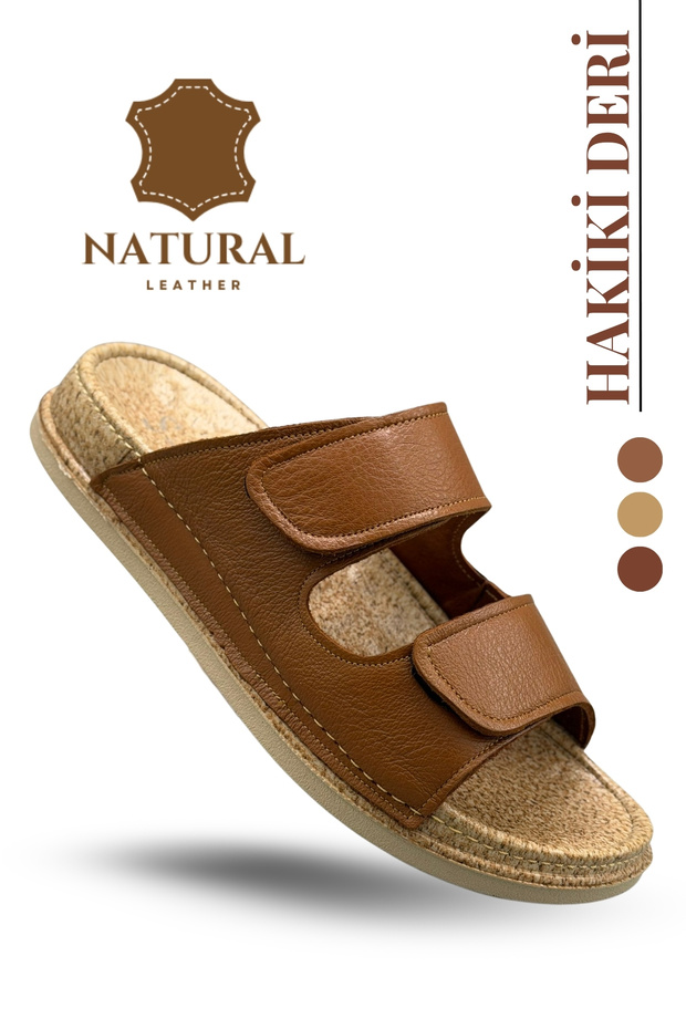 Genuine Leather Men's Slippers - Double Velcro Adjustable Massage Sole Genuine Leather Men's Slippers C Tan