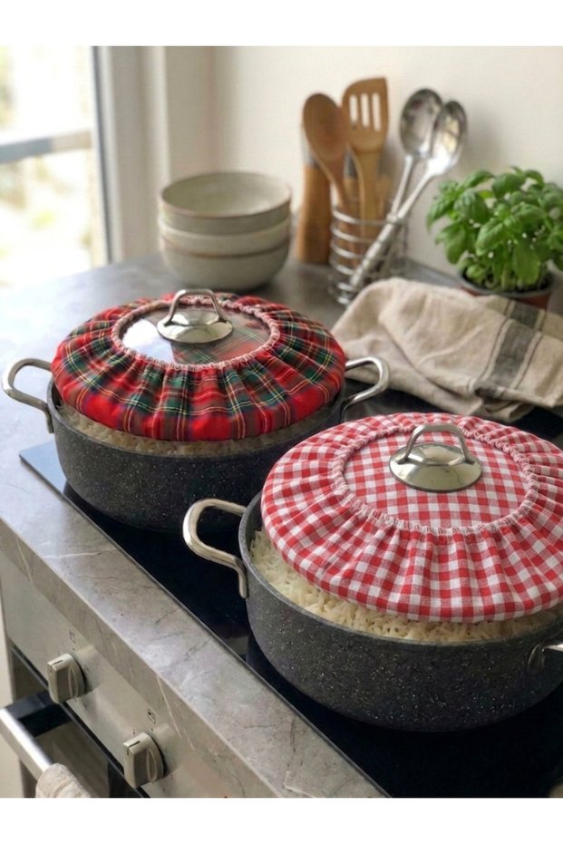 Set of 2 Pilaf Cooking Covers, Elastic Pot Covers, Gingham and Plaid Patterned Demlematik