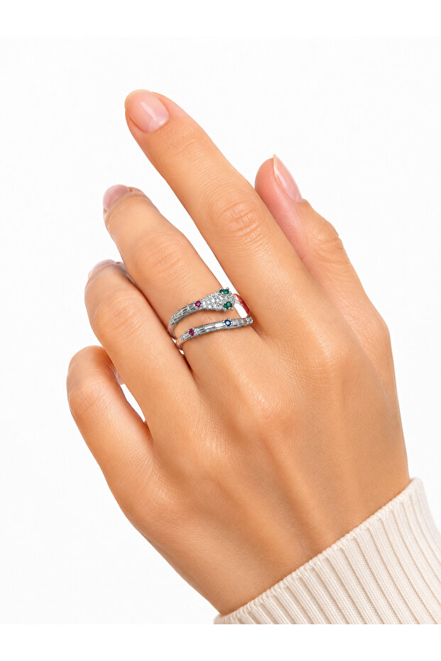 Asht Metal Snake Figured Colorful Stone Adjustable Single Ring