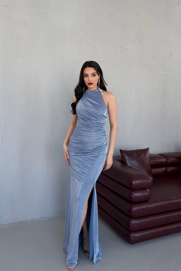 Baby Blue Draped Halter Neck Glittered Evening Dress