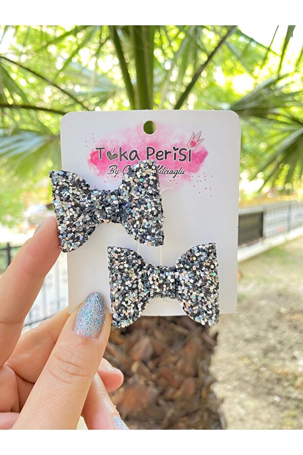 Glitter Shimmering Gray Platinum Mini Bow Clip Buckle