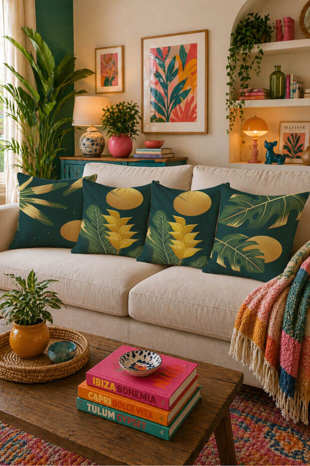 Navy Blue Mustard Tropical Leaf Patterned Double-Sided Set of 4 Cushion Covers 43X43 cm