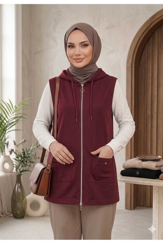 Women's Hooded Hijab Long Tunic Vest with Zipper Pockets Cotton Fabric