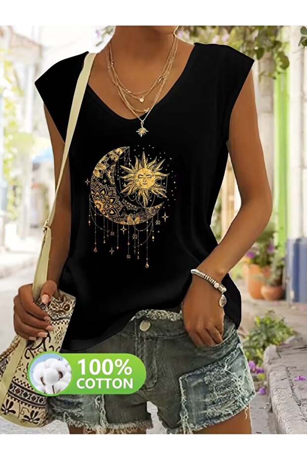 Women's Comfortable Fit V-Neck Tshirt Mixed Printed Tshirt