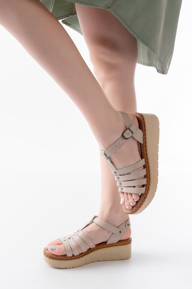 Zri̇n-142 Premium Beige Genuine Leather Orthopedic Sole Women's Sandals