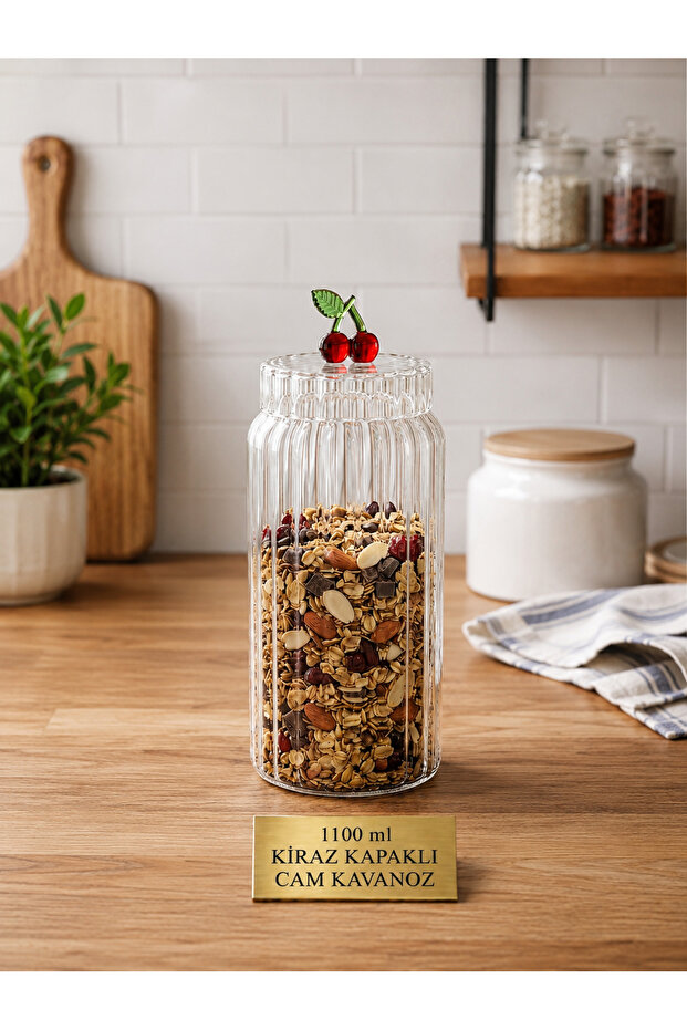 1100 ml Cherry Lid Striped Glass Jar | Decorative Kitchen Food Storage Jar