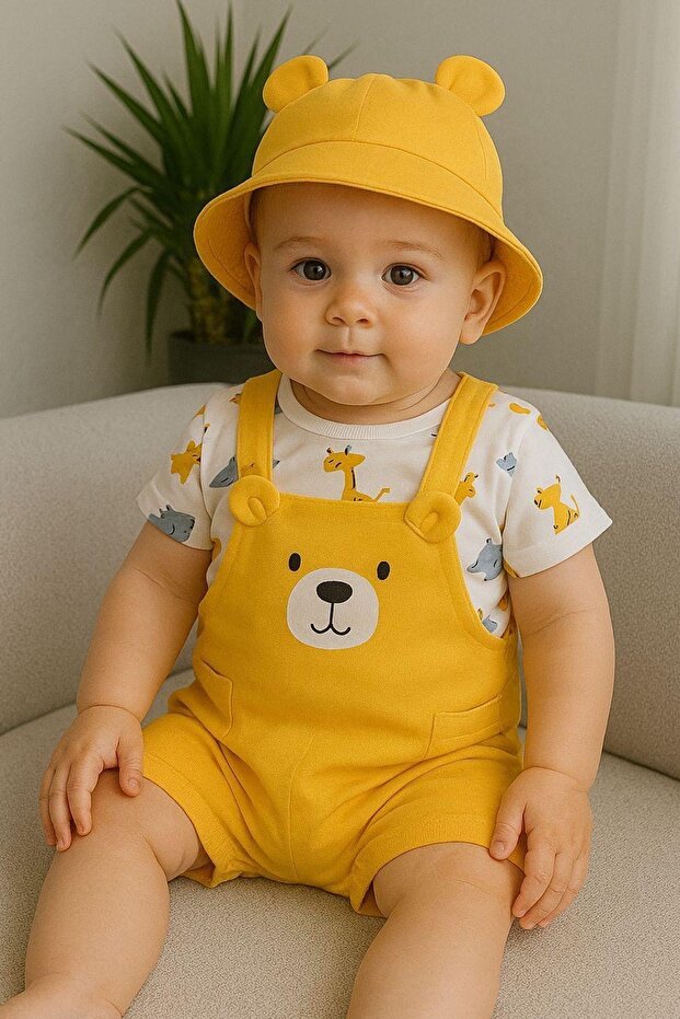 Baby Boy Cute Bear Hat Salopet Set with Snap Fasteners on the Bottom