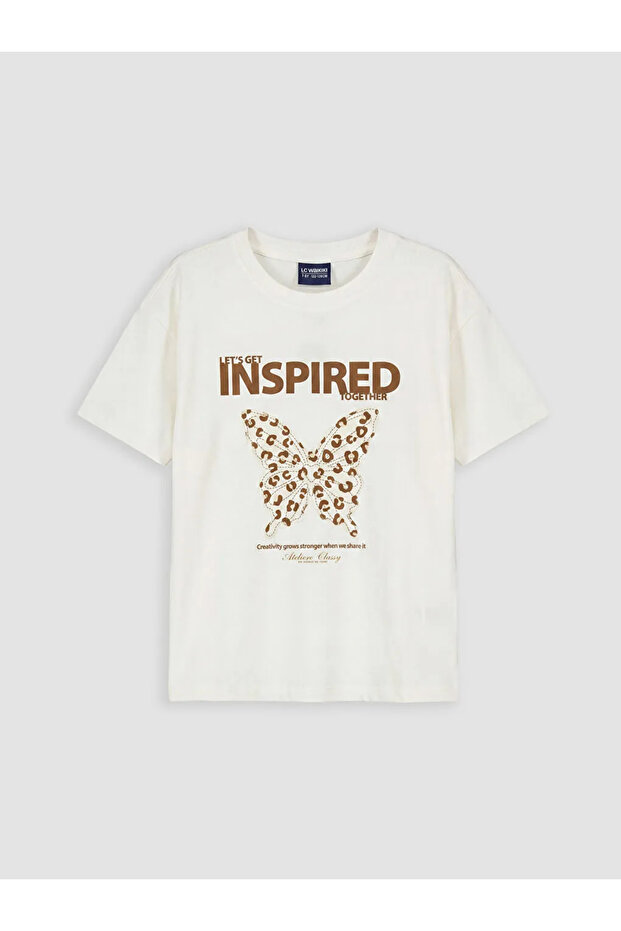 Ecru Butterfly Printed Girls' T-Shirt