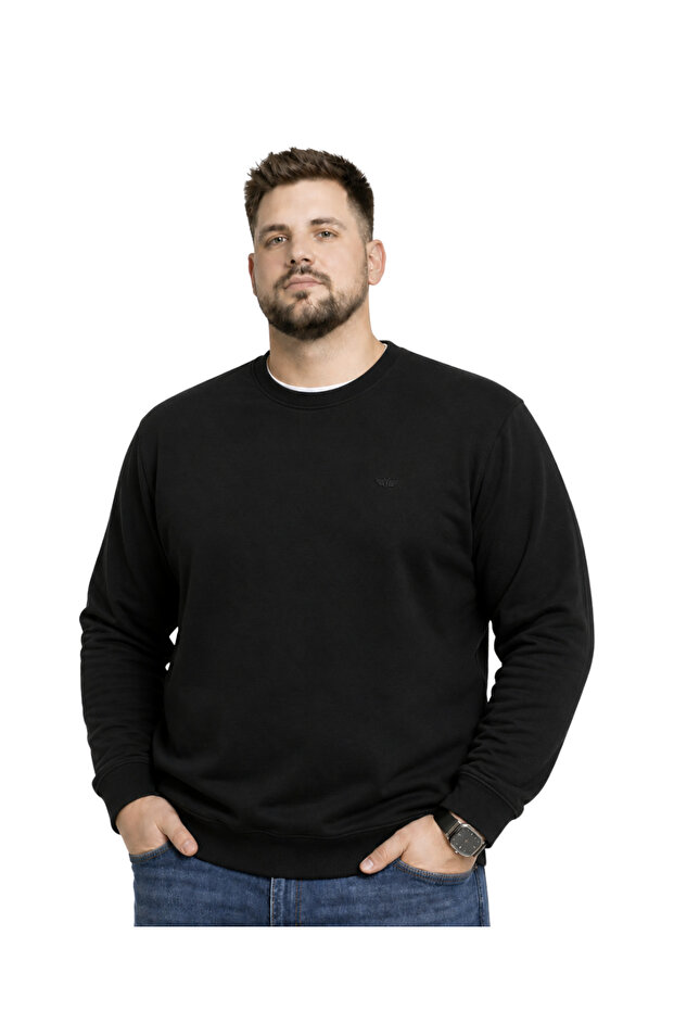 Men's Large Size Black Two-Thread Crew Neck Sweatshirt 3Xl-4Xl-5Xl-6Xl-7Xl-8Xl