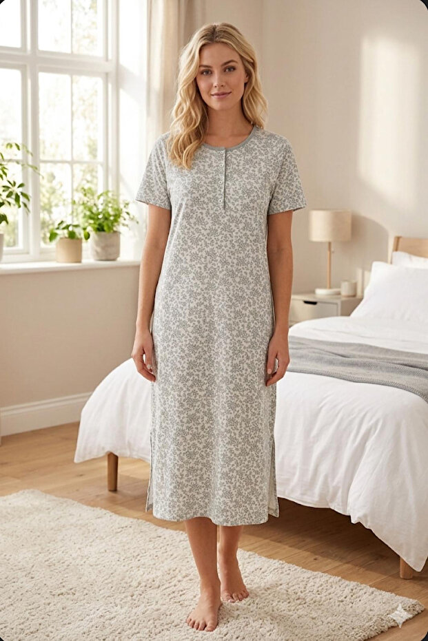 22853-Nena Melody Round Neck 100% Cotton Short Sleeve Nightgown