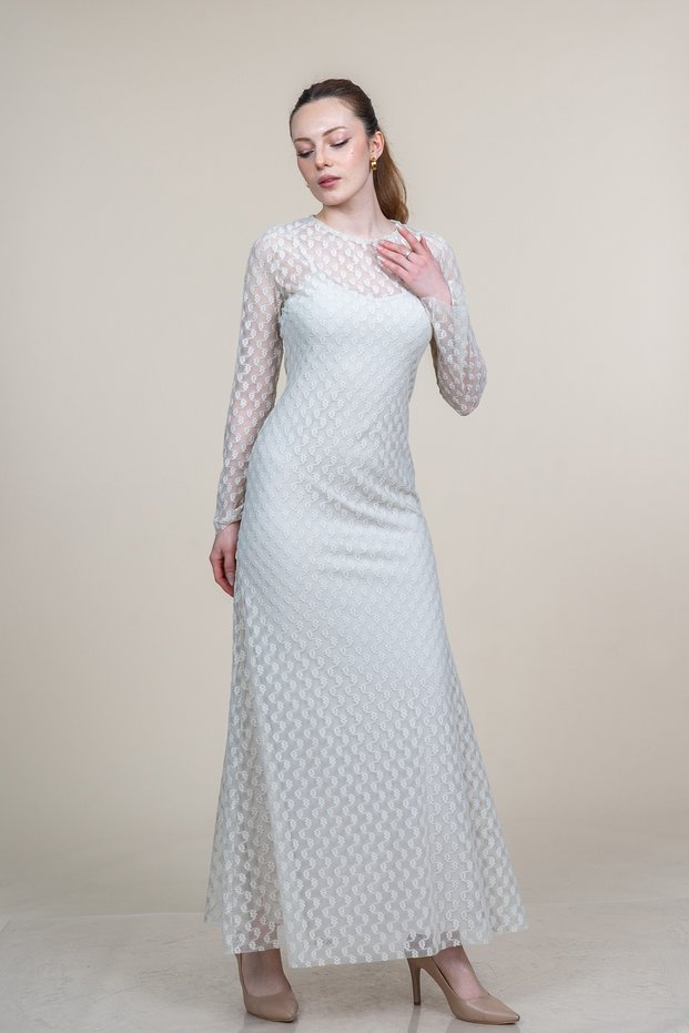 Women's Summer Stone Chic Crew Neck Long Sleeve Embroidered Tulle Stylish Casual Comfortable Dress 50376