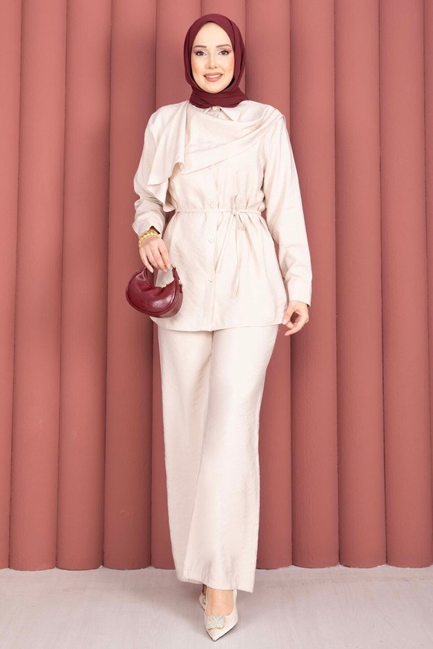 Double Hijab Set with Shoulder Shawl and Waist Tie in Beige