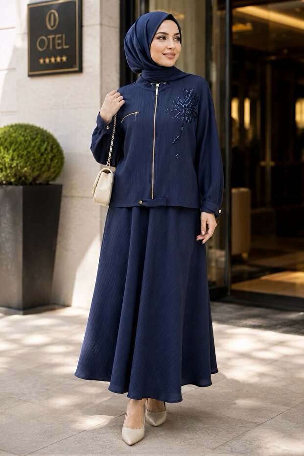 Navy Blue Sequin Embroidered Zippered Jacket Skirt Set