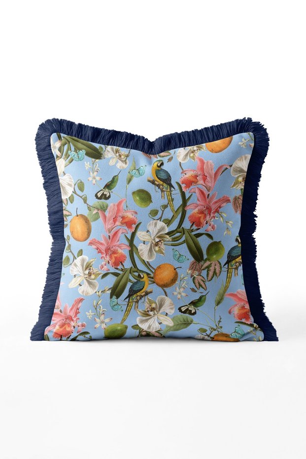 Tropical Parrot Orchid and Citrus Patterned Fringed Exotic Throw Pillow Cover