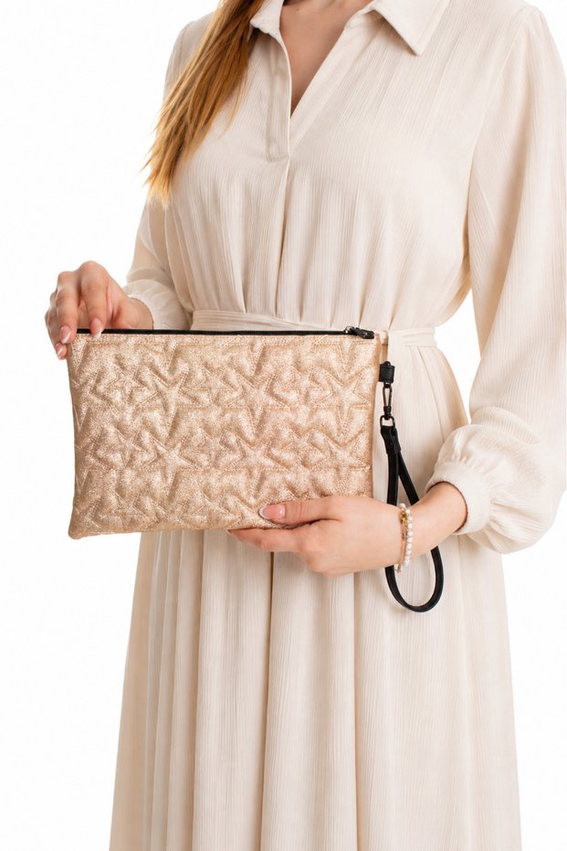 Star Embroidered Black Portfolio Bag Women's Clutch Stylish Handbag with Wrist Strap and Lining