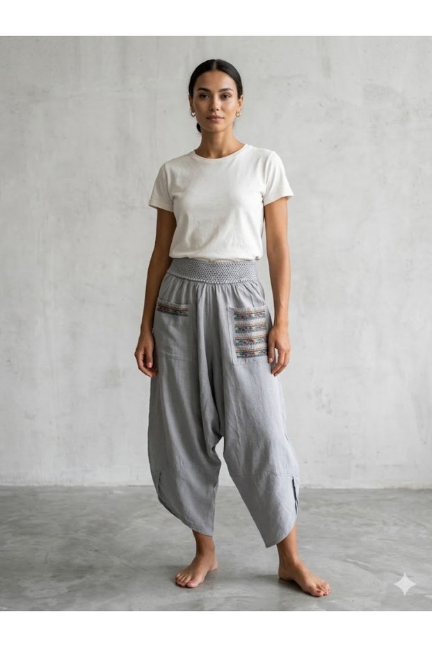 Women's Gray Elastic Waist Pocketed Embroidery Detailed V-Cut Linen Shalwar Trousers