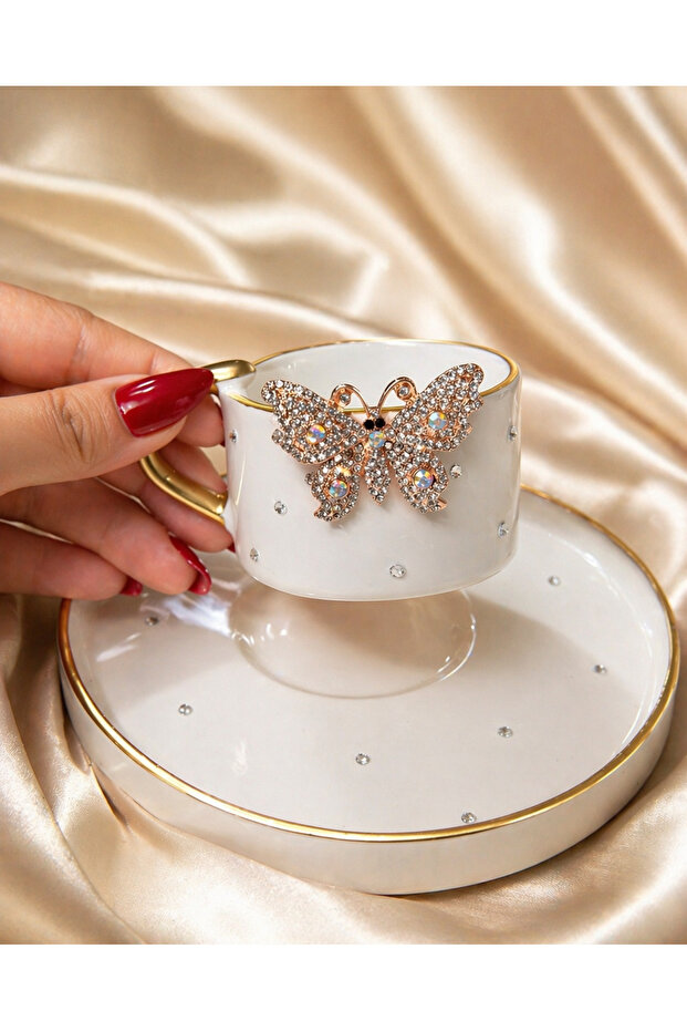 Premium Stone Embellished Gold Detailed Single Turkish Coffee Cup
