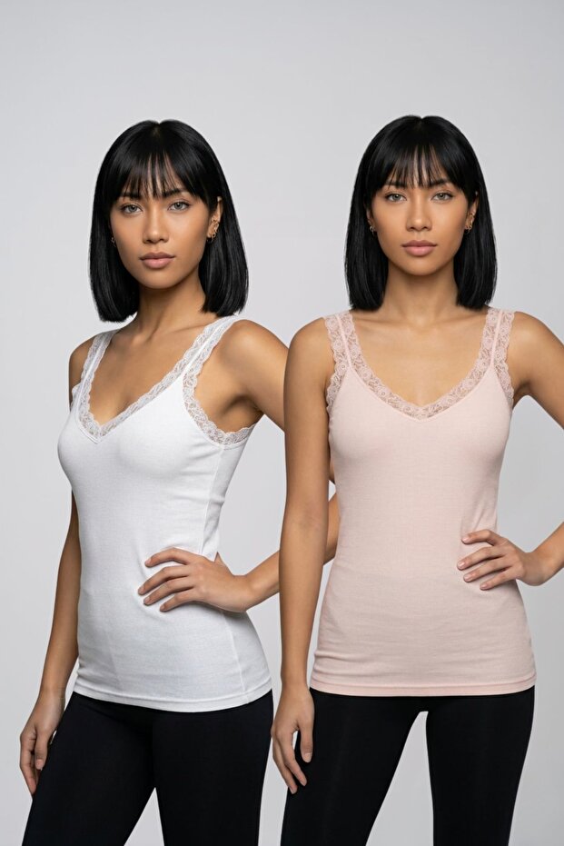 2-Pack Women's Lace Detailed V-Neck Thick Strap Camisole Self-Bra Cotton Undershirt Casual Stretch Covered Underwear Set