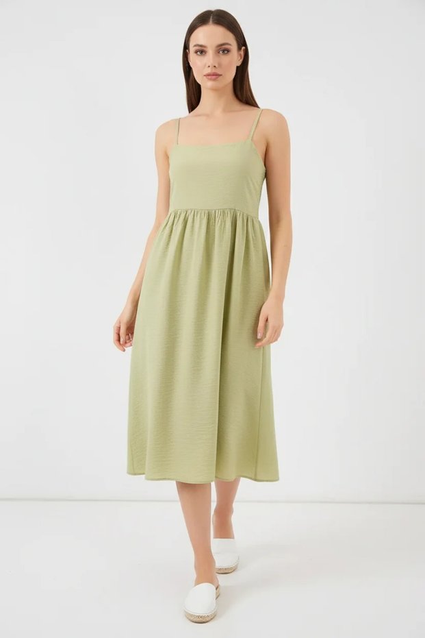 Women's Viscose Green Dress with Gathered Waist and Straps