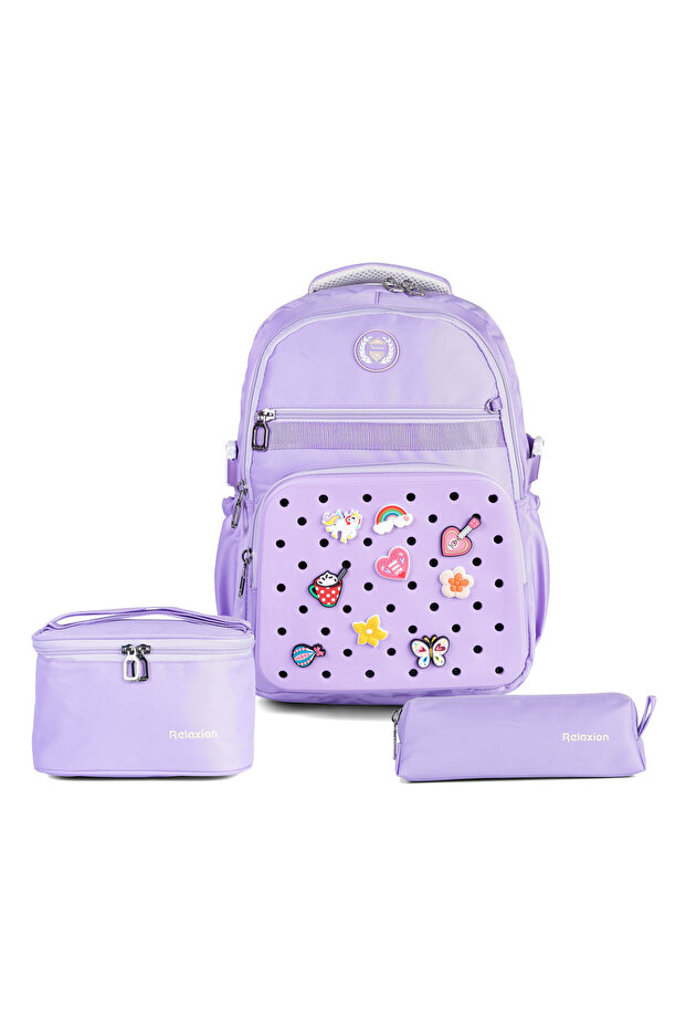 Ultra-Luxury Water-Resistant Lilac Girls' Elementary School Backpack Includes Thermal Lunch Bag and Pen Holder Ornaments
