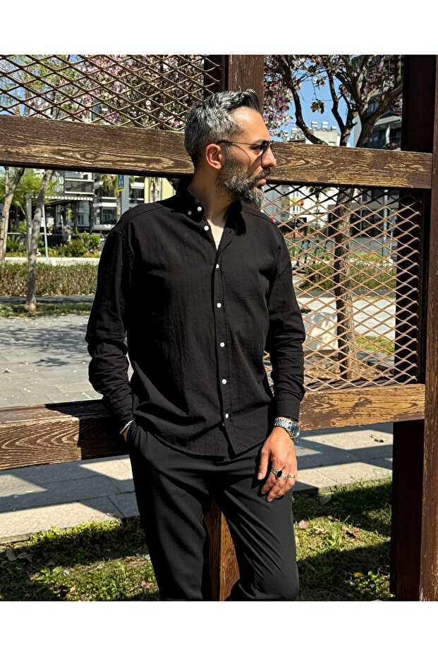 Men's Relaxed Fit 100% Cotton Linen Navy Blue Shirt