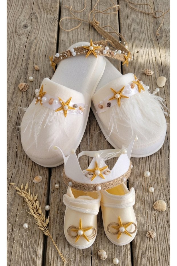 Hüner Aksesuar Special Design Mother's Crown with Sea Stars and Pearls, Slippers, Baby Boy Prince Crown, Shoes, 4-Piece Maternity Set, Pregnant Woman Crown