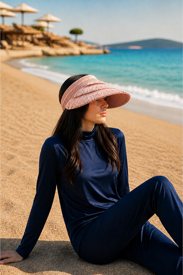 Tassel Detailed Adjustable Straw Beach Hat Powder