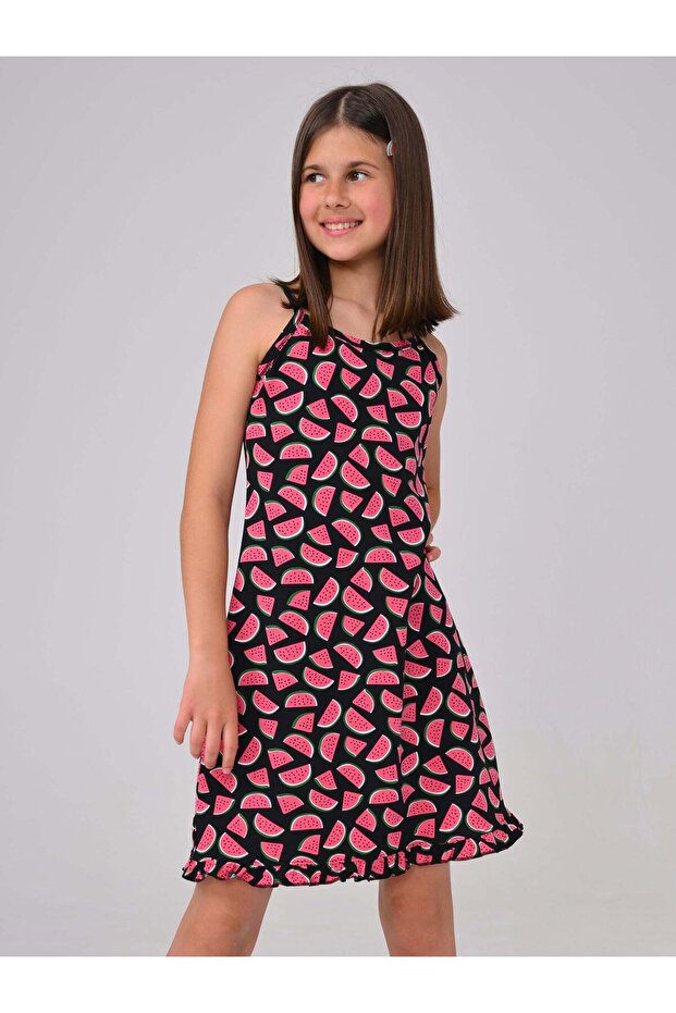 Black 100% Cotton Watermelon Patterned Skirt with Ruffles Girls' Dress Lcsofia