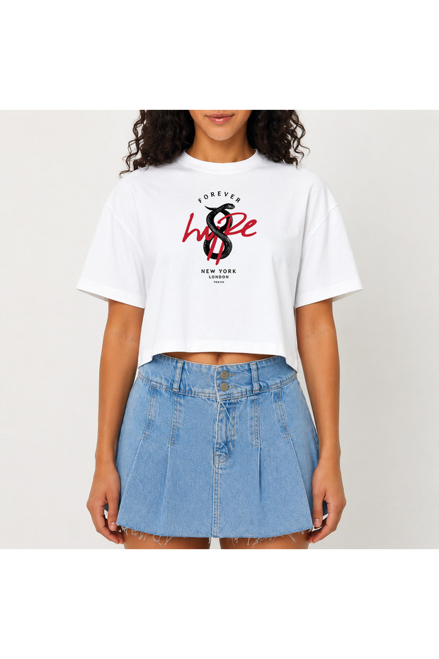 Crop T-Shirt White Printed Relaxed Fit Raw Cut Basic Short Tshirt