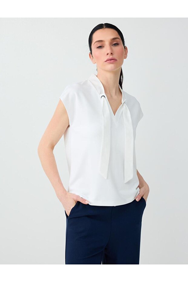 Off-White V-Neck Off-Shoulder Blouse with Rope Detail