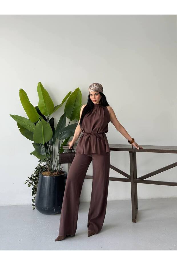 Women's Belt Detailed Loose Cut Satin Look Double Set