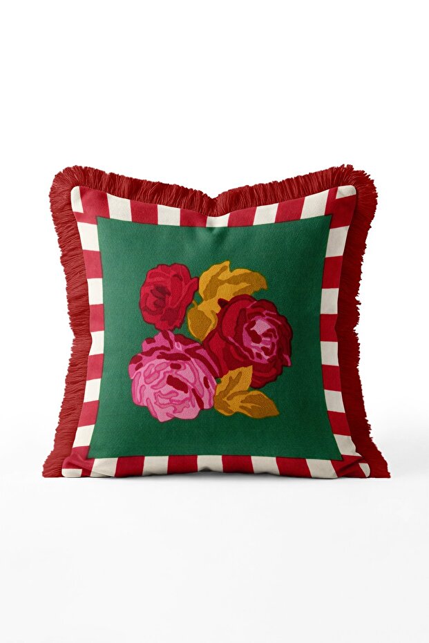 Rose Bouquet and Checkered Frame Fringed Throw Pillow Cover - Red Tassel Retro Pillowcase