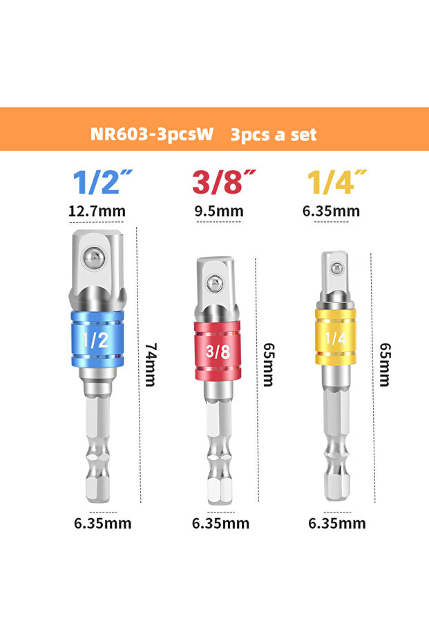 NR603-3pcsW 1pc/3pcs محول مقبس للمثقاب، وصلة تمديد للمثقاب، محول مقبس لقضيب رؤوس المثقاب 1/4 3
