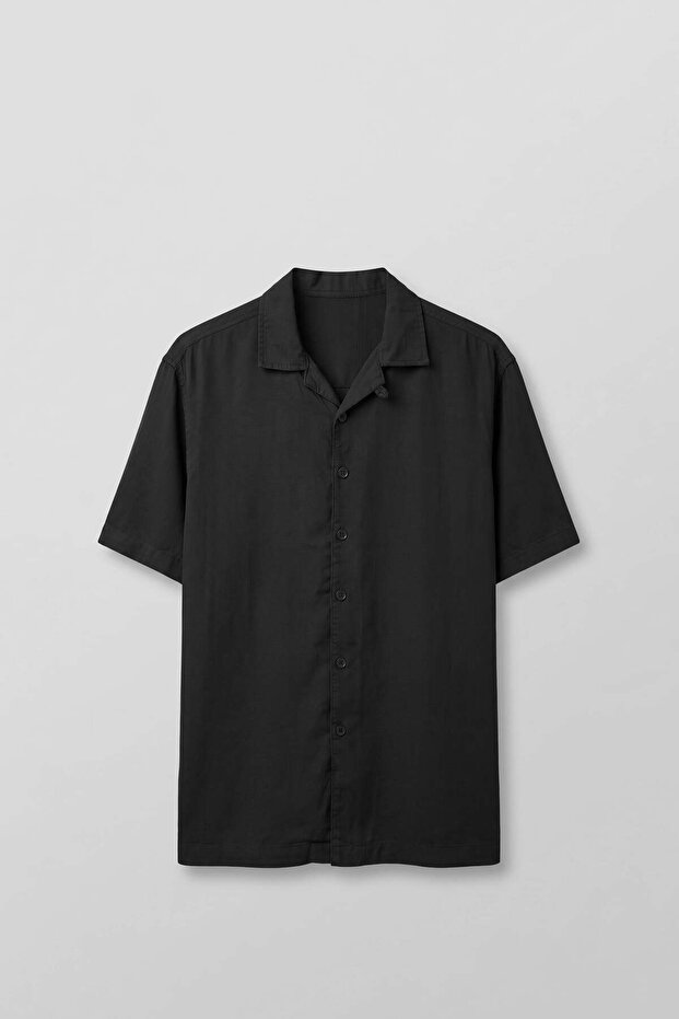 Men's Relaxed Fit Open Collar Short Sleeve Tencel Shirt Black