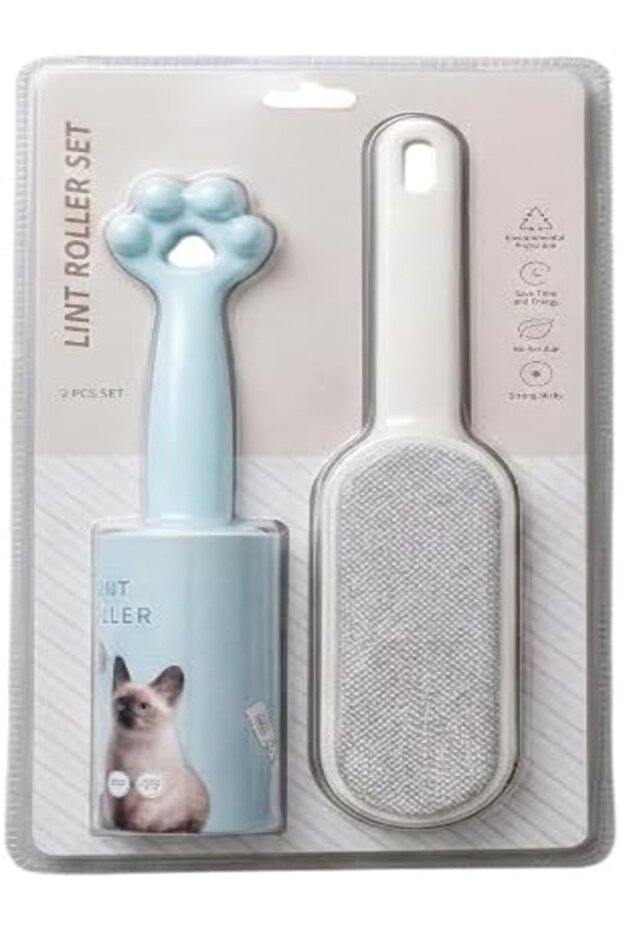 Adhesive Lint Roller Set (60 Sheets Roller + 1 Fabric Lint Pet Hair Brush)
