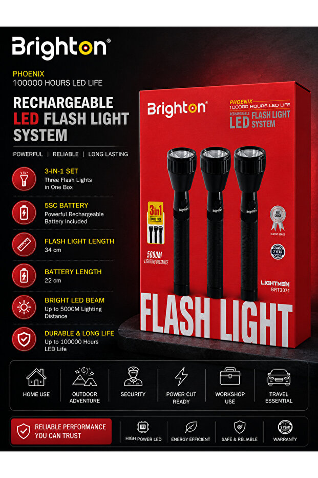 مصباح يدوي LED قابل لإعادة الشحن، طقم 3 في 1 مع بطارية 5SC ومدى إضاءة طويل