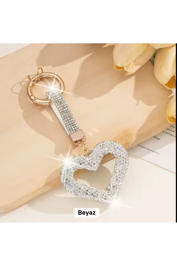 Keyring and Bag Accessory Silver Color with Stones Heart-Shaped Hollow Design Shiny Luxury Accessory